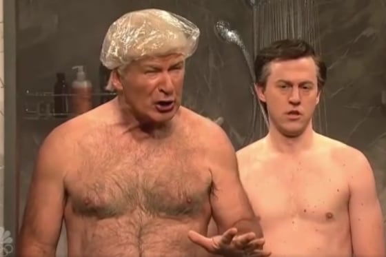 In this image taken from video, Alec Baldwin and Alex Moffat appear on "Saturday Night Live" on Nov. 4, 2017.