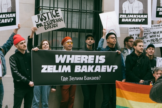 Members of Voices 4 Chechnya gather in front of the Russian Consulate in New York City to protest the disappearance of Zelimkhan Bakaev. Photo courtesy of Voices 4 Chechnya.