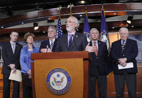 Image: Rep. Dan Newhouse, R-Wash., center, is joined by fellow Republicans to discuss their support of the Deferred Action for Childhood Arrivals (DACA) program, during a news conference on Capitol Hill in Washington, Nov. 9, 2017.
