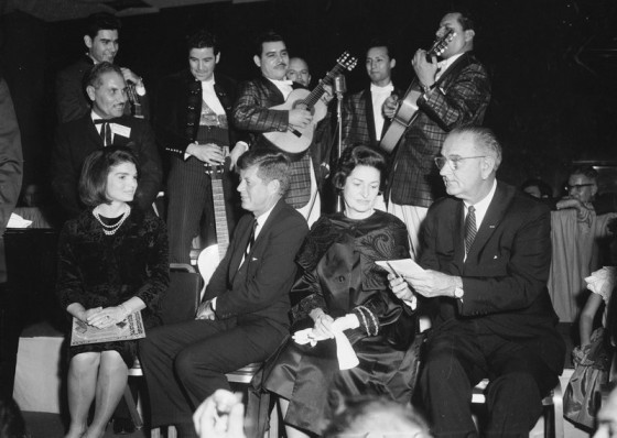 In this Nov. 21, 1963, file photo first lady Jackie Kennedy, President John F. Kennedy, Lady Bird and Vice President Lyndon Johnson attend a LULAC dinner in Houston.
