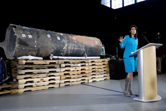 Image: U.S. Ambassador to the United Nations Nikki Haley briefs the media in front of remains of Iranian \"Qiam\" ballistic missile in Washington