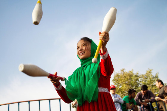 The circus enables the children who join, often from internally displaced communities around Kabul, to learn new skills while continuing their education. Nadia, seen here, is 14 years old, and one of the best girl-performers in the country.
