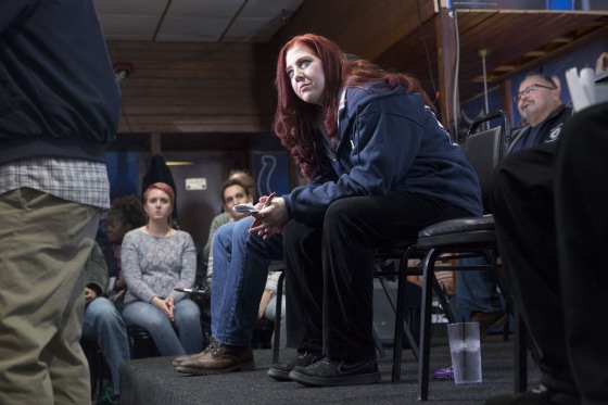 Image: Renee Elliott, a press operator at Carrier Corp., participates in a \"The State of the Working Class\" event, sponsored by Good Jobs Nation, in Indianapolis, Indiana, on Wednesday, Jan. 10, 2018.
