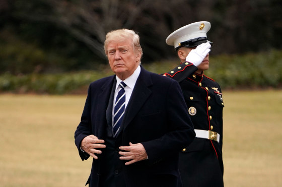 Image: President Trump walks across the South Lawn upon returning to the White House on Feb. 1, 2018 in Washington, DC, after addressing the 2018 House and Senate Republican Member Conference in West Virginia.