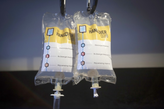 Image: Intravenous drip bags are pictured on the Hangover Bus in the Manhattan borough of New York on Jan. 1, 2015.
