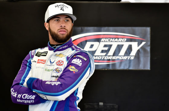 Image: Darrell Wallace Jr., driver of the #43 Click n' Close Ford at Las Vegas, looks on from the garage during the Monster Energy NASCAR Cup Series testing on Jan. 31, 2018 in Las Vegas, Nevada.