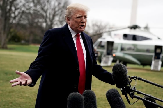 Image: U.S. President Donald Trump speaks to members of the media prior to his departure from the South Lawn of the White House on Feb. 23, 2018 in Washington, DC.