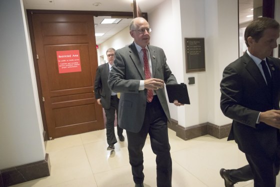 Image: House Intelligence Committee members Rep. Mike Conaway, R-Texas, with Rep. Chris Stewart, R-Utah, right, leave the secure area where the panel was wrapping up its inquiry into Russian meddling in the 2016 election, March 22, 2018.