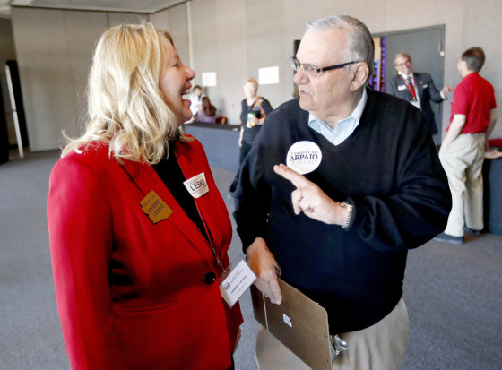 Image: Arizona State Rep. Debbie Lesko speaks with former Maricopa County Sheriff and U.S. Senatorial candidate Joe Arpaio during the meeting of the state committee of the Arizona Republican Party, Jan. 27, 2018 in Phoenix.