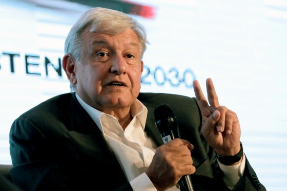Image: FILE PHOTO: Leftist front-runner Andres Manuel Lopez Obrador of the MORENA addresses the audience during a conference in Guadalajara