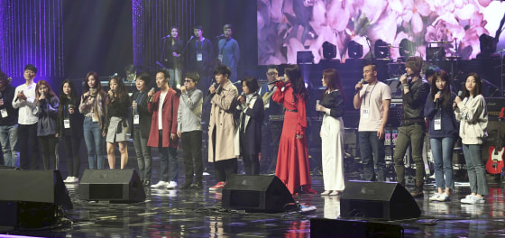 Image: South Korean groups perform during a rehearsal in Pyongyang, North Korea, April 1, 2018. South Korean media say North Korean leader Kim Jong Un has watched a rare performance by South Korean pop stars visiting Pyongyang.