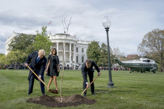 Image: First lady Melania Trump watches as President Donald Trump and French President Emmanuel Macron participate in a tree planting ceremony on the South Lawn of the White House in Washington, April 23, 2018.