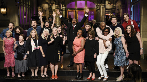 Image: Beck Bennett, Kyle Mooney, Luke Null, Melissa Villase?or, Aidy Bryant, Kenan Thompson, Mikey Day, Chris Redd, Colin Jost, Pete Davidson and their mothers during \"Mother's Day Cold Open\" on Saturday Night Live, May 12, 2018.