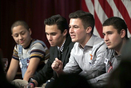 Image: Marjory Stoneman Douglas High School students, and mass shooting survivors, from left, Emma Gonzalez, David Hogg, Cameron Kasky and Alex Wind