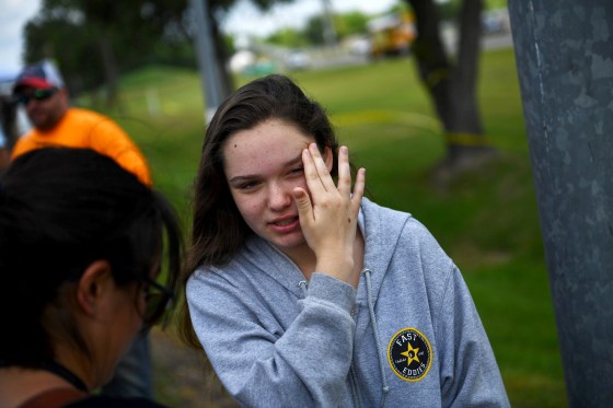 Image: Student Tori White speaks with reporters outside Santa Fe High School on May 19, 2018, in Santa Fe, Texas.