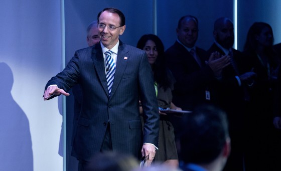 Image: Rod Rosenstein is welcomed before addressing attendees at the Bloomberg Law Leadership Forum