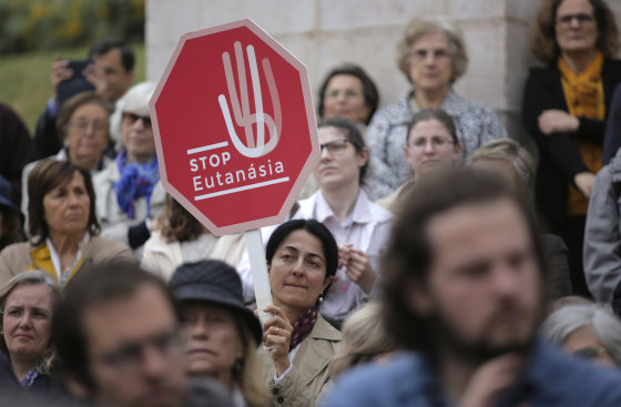 Anti-euthanasia protesters gather in Lisbon on May 24.