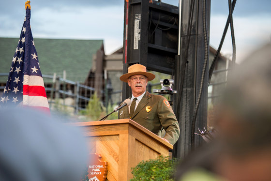 Image: Yellowstone National Park Superintendent Dan Wenk speaks at the National Park Service centennial celebration in Gardiner, Montana, Aug. 25, 2017.