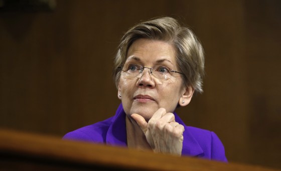 Image: Sen. Elizabeth Warren, D-Mass., listens during a hearing on Capitol Hill in Washington