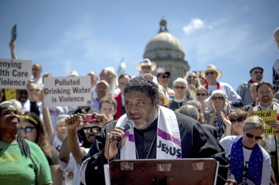 Image: Reverend William J. Barber speaks to protesters gathered during a protest organized by Kentucky Poor People's Campaign