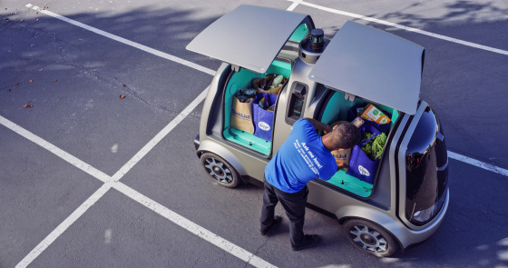 Image: Kroger Co. and Nuro's unmanned delivery vehicle is seen in this photo provided by Kroger in California