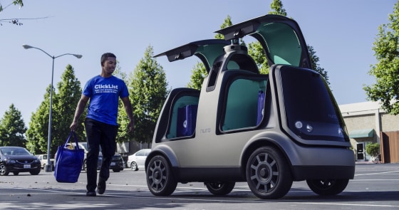 Image: Kroger Co. and Nuro's unmanned delivery vehicle is seen in this photo provided by Kroger in California