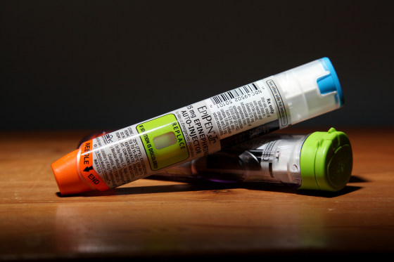 Image: Image: Two EpiPens used to treat severe allergic reactions with a dose of Epinephrine delivered in an autoinjector.