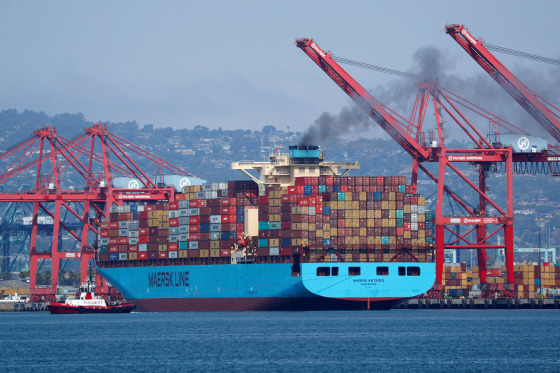 Image: A Maersk Line container ship prepares to depart port in Long Beach, California
