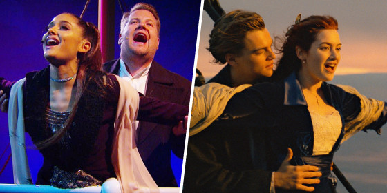 Ariana Grande and James Corden belt out Titanic musical in 1 take