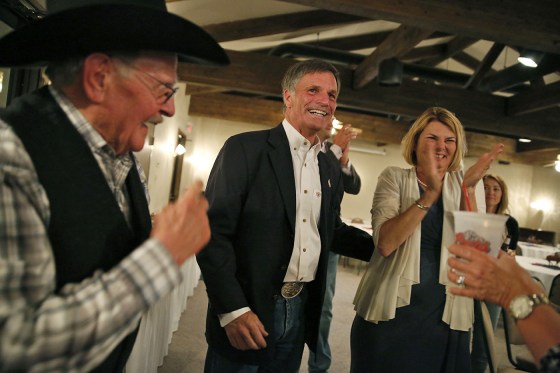 Gubernatorial candidate and Wyoming Secretary of State Mark Gordon celebrates with supporters as poll numbers are finalized during Gordon's election night party at Bozeman Trail Steakhouse in Buffalo, Wyoming, on Aug. 21, 2018.