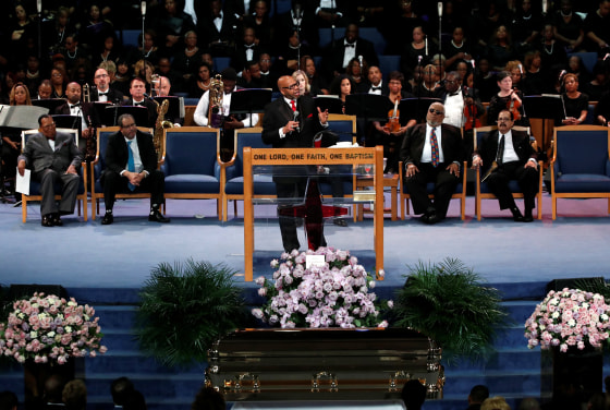 Image: Rev. Jasper Williams Jr. delivers a eulogy for Aretha Franklin at the funeral service for the late singer at the Greater Grace Temple in Detroit