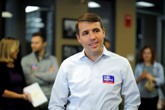 Image: Democratic candidate for the U.S. Congress Chris Pappas greets voters at the Bridge Cafe in Manchester