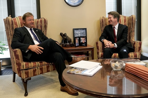 U.S. Sen. Dean Heller (R-NV) meets with Supreme Court nominee Judge Brett Kavanaugh in his office on Capitol Hill July 18, 2018 in Washington, DC.