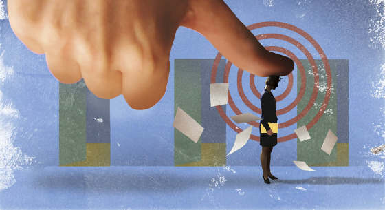 Businesswoman under big thumb losing papers