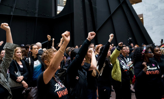 Image: People gather in the lobby of the Hart Senate Office Building in Washington on Monday, Sept. 24, 2018, to protest against Judge Brett Kavanaugh's nomination to the Supreme Court.