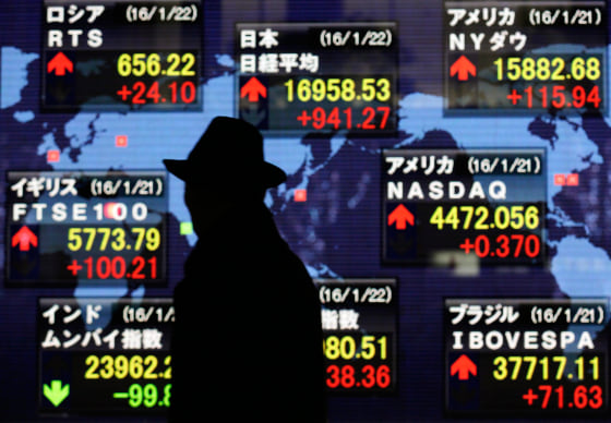 Image: A pedestrian watches closing information of Tokyo's Nikkei Stock Average and other global stock markets