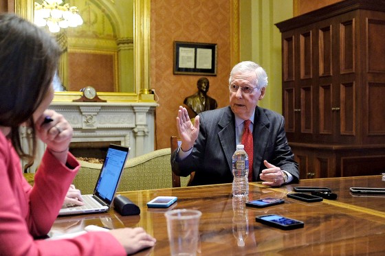 Senate Majority Leader Mitch McConnell meets with reporters at the Capitol on Oct. 17, 2018.