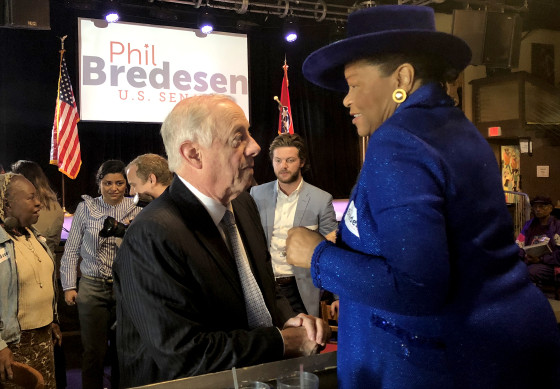 Democratic Senate candidate Phil Bredesen speaks with Thelma Harper, a Tennessee state representative, at an early voting kickoff event in Nashville on Wednesday, Oct. 17, 2018.