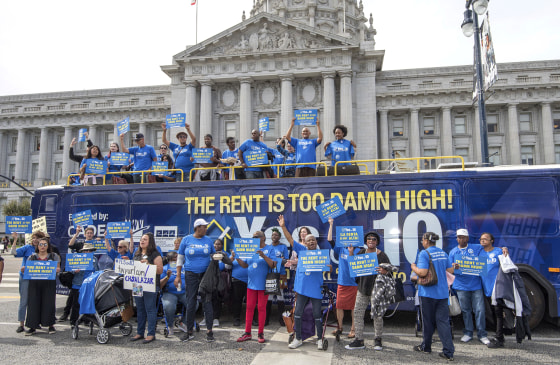Image: Supporters demonstrate as the Yes on 10 \"Rent Is Too Damn High\" statewide bus tour arrives at City Hall ahead of the San Francisco Board of Supervisors endorsement of Proposition 10 on Oct. 2, 2018 in San Francisco.