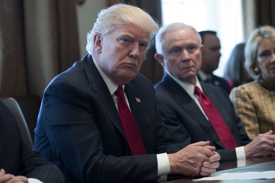 President Donald Trump and Attorney General Jeff Sessions attend a panel discussion on opioid and drug abuse at the White House on March 29, 2017.