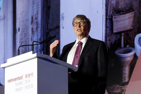 Image: Microsoft founder Bill Gates speaks during the opening ceremony of the Reinvented Toilet Expo showcasing sewerless sanitation technology in Beijing