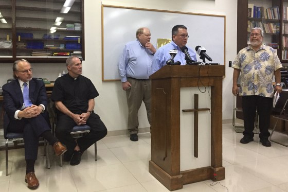 Image: Attorney Keith Talbot speaks at a news conference in Hagatna, Guam, where the Catholic Church in Guam announced that it will file Chapter 11 reorganization bankruptcy on Nov. 7, 2018.