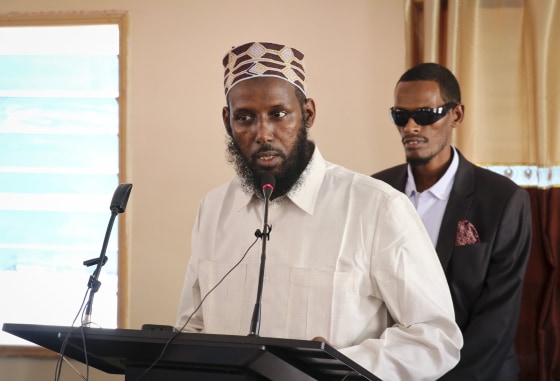 Image: Mukhtar Robow, who was once deputy leader of Africa's deadliest Islamic extremist group the al-Qaida-linked al-Shabab, speaks at a press conference about his candidacy for a regional presidency