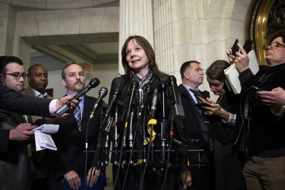 Image: General Motors CEO Mary Barra speaks to reporters after a meeting on Capitol Hill on Dec. 5, 2018.