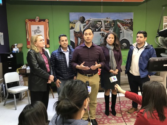 Democrat Rep. Joaquin Castro, chairman of the Congressional Hispanic Caucus, (center), discusses the death of a young girl who was in CBP custody. Also shown are Reps. Sylvia Garcia of Texas, Ben Ray Lujan of New Mexico, Rep-elect Veronica Escobar of Texas, and Rep. Raul Ruiz of California.