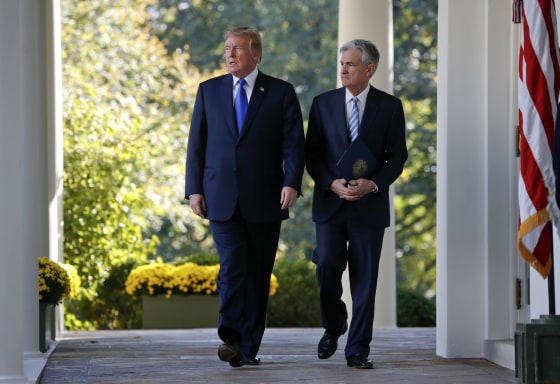 Image: President Donald Trump walks with Jerome Powell before announcing him as nominee for chair of the Federal Reserve at the White House on Nov. 2, 2017.