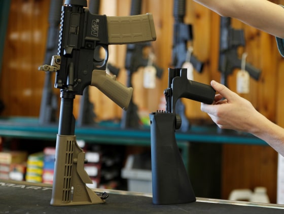 Image: A bump stock that attaches to an semi-automatic assault rifle to increase the firing rate is seen at Good Guys Gun Shop in Orem, Utah, on Oct. 4, 2017.
