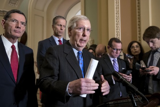 Image:Senate Majority Leader Mitch McConnell speaks to reporters about the possibility of a partial government shutdown at the Capitol on Dec. 18, 2018.