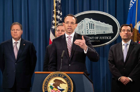Image: Deputy Attorney General Rod Rosenstein speaks at a press conference about Chinese hacking at the Justice Department in Washington on Dec. 20, 2018.