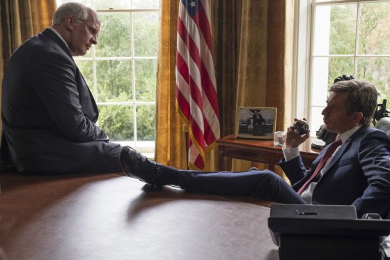 Image: Christian Bale as Dick Cheney, left, and Sam Rockwell as George W. Bush in a scene from \"Vice.\"
